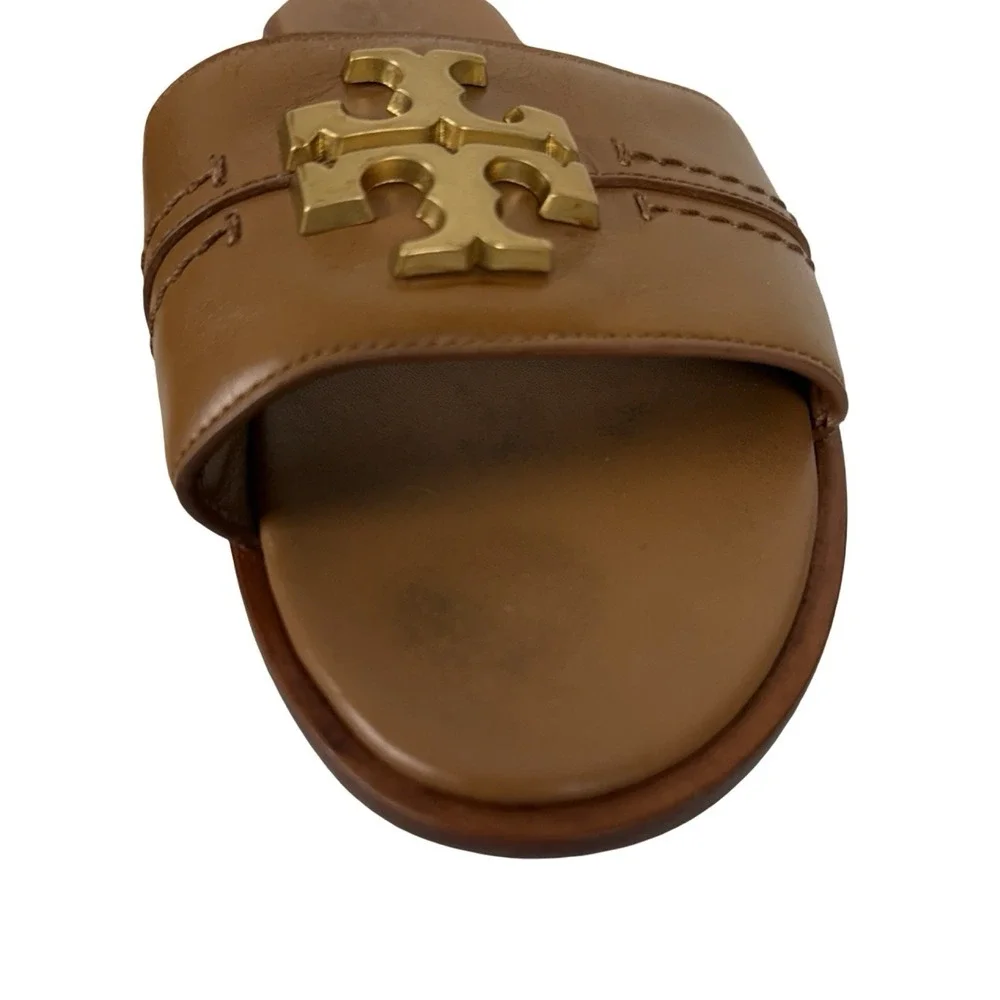 Tory Burch Everly Brown Leather Slide Sandals Gold Logo Accent Womens 8 M